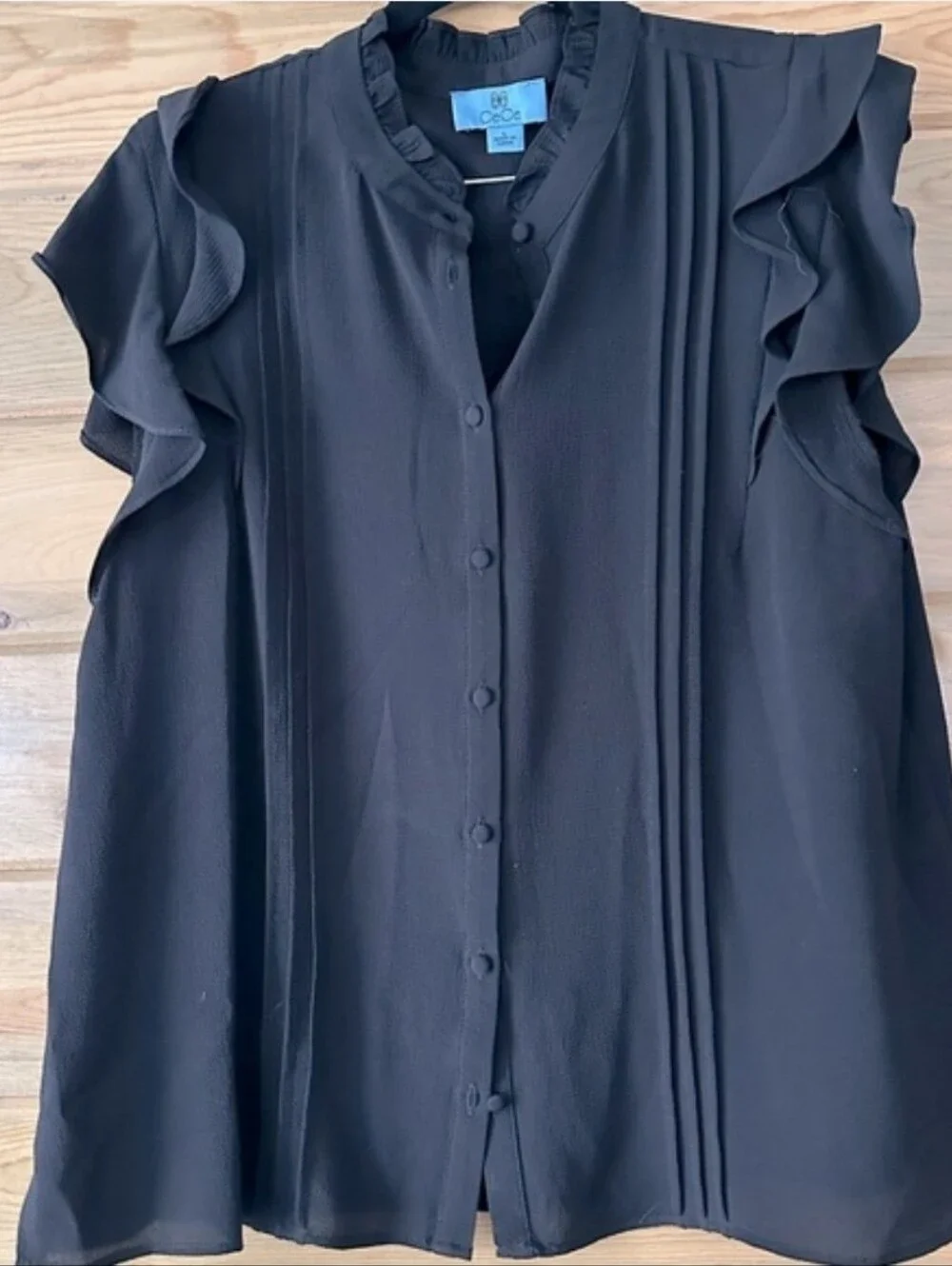 CeCe Black Ruffle Cap-Sleeve Button-Front Blouse - Picture 4 of 5